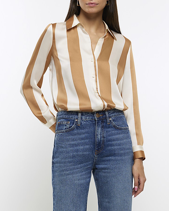 Brown satin stripe long sleeve shirt