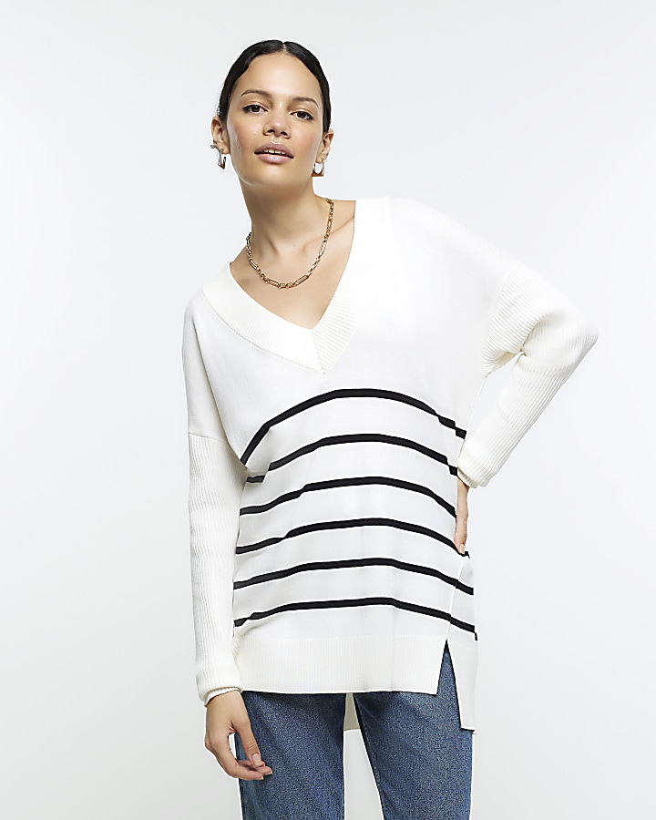 Cream stripe v-neck jumper