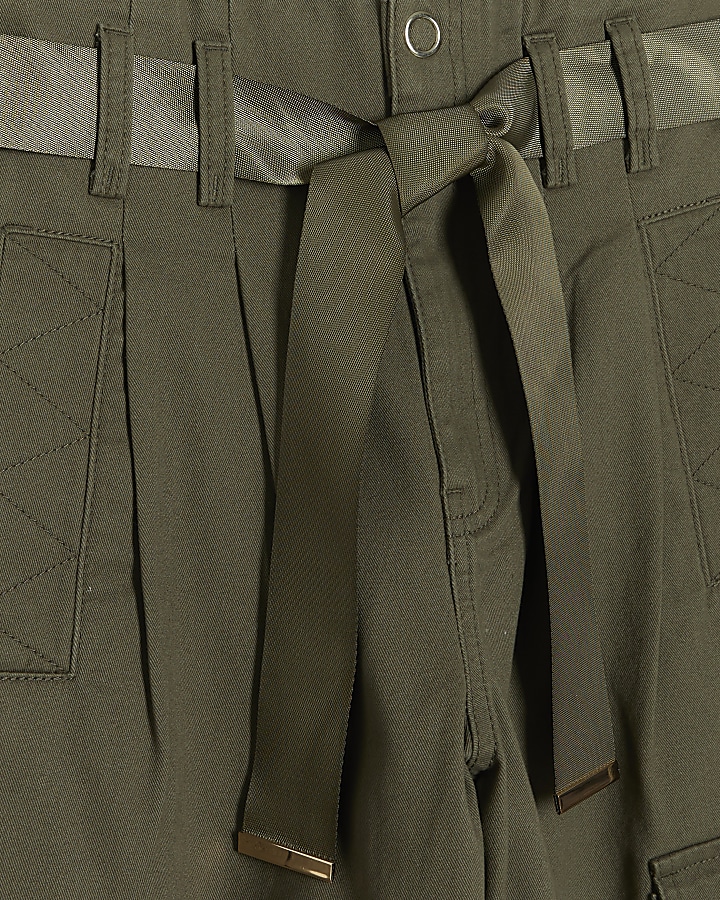 Khaki belted paperbag cargo trousers