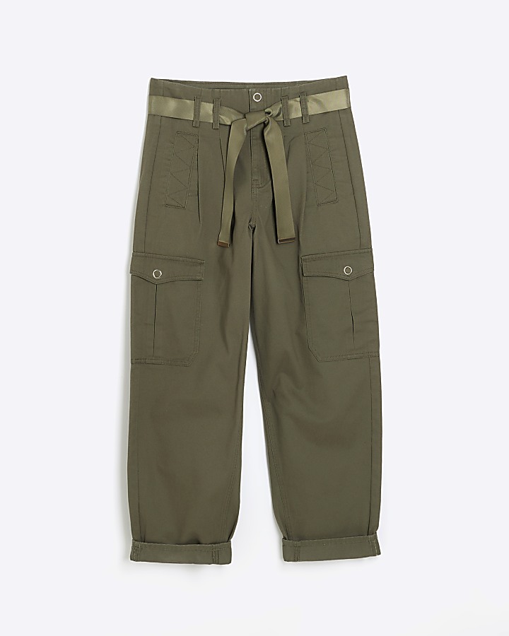 Khaki belted paperbag cargo trousers