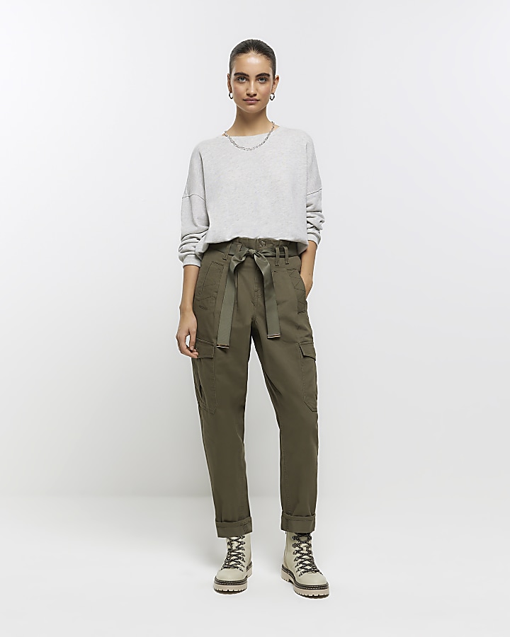 Khaki belted paperbag cargo trousers