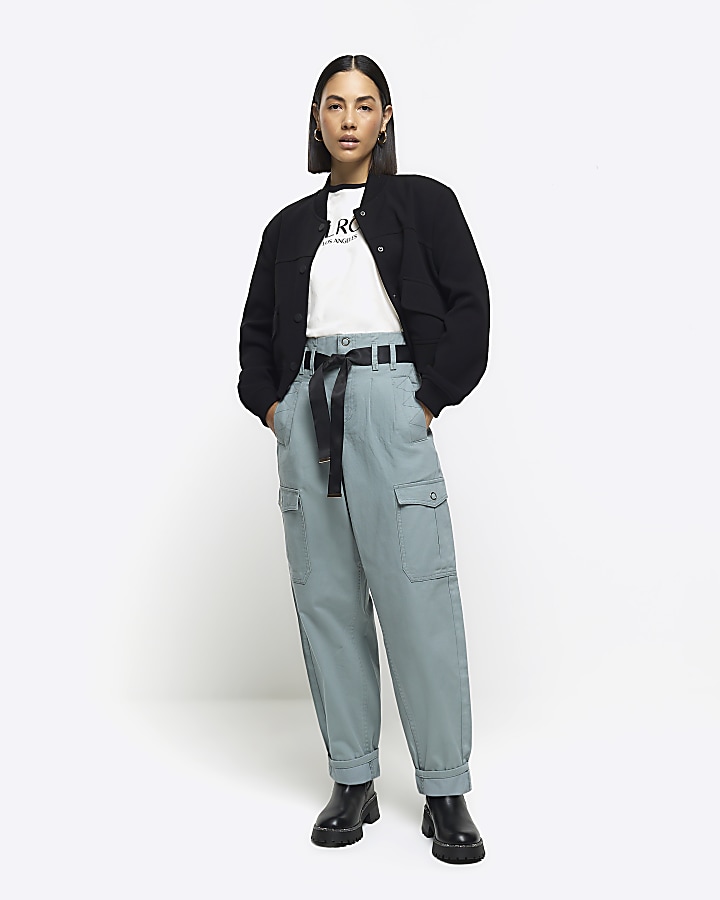 Blue belted paperbag cargo trousers