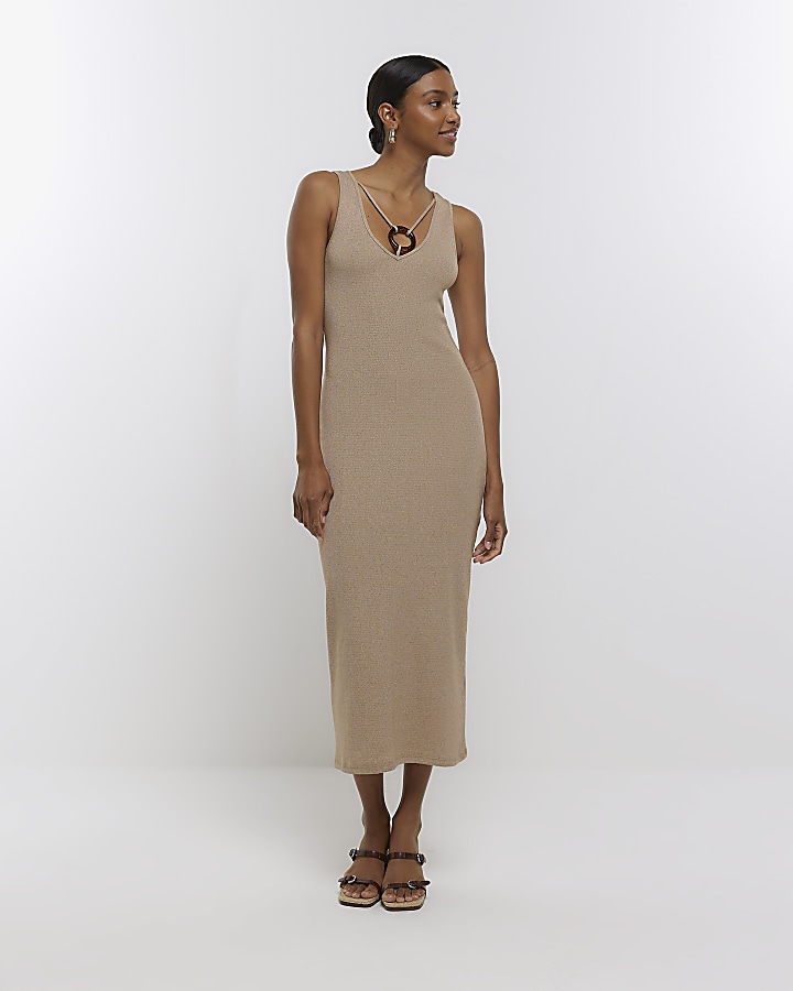 Beige ring detail bodycon midi dress