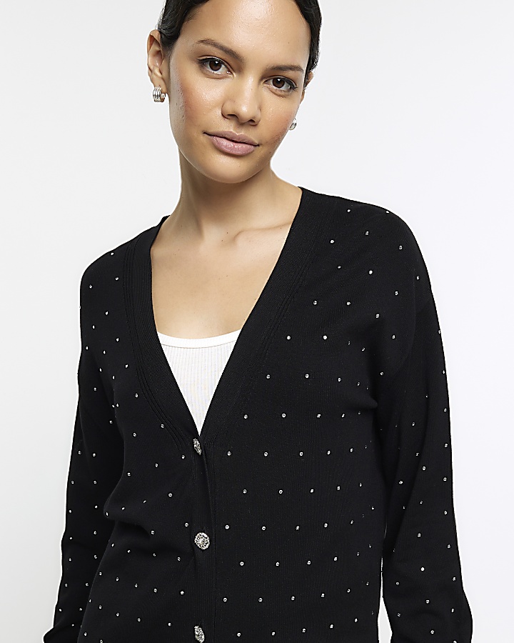 Black knitted embellished cardigan River Island