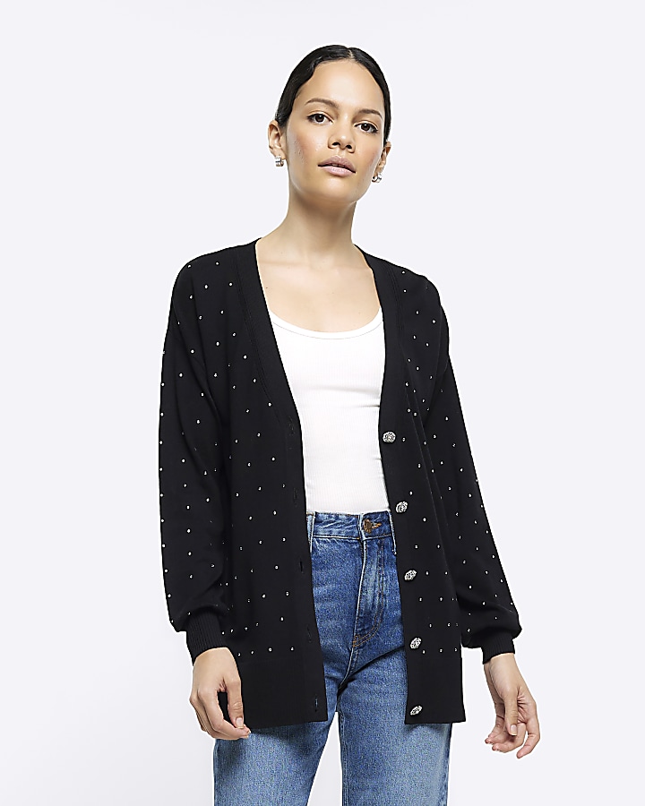 Black knitted embellished cardigan