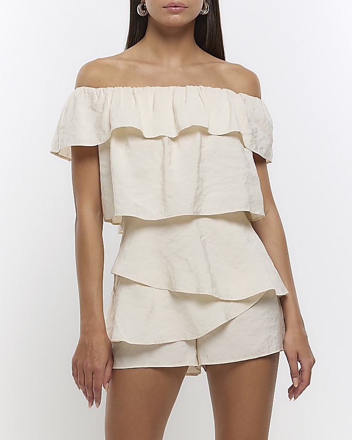 Beige bardot layered playsuit