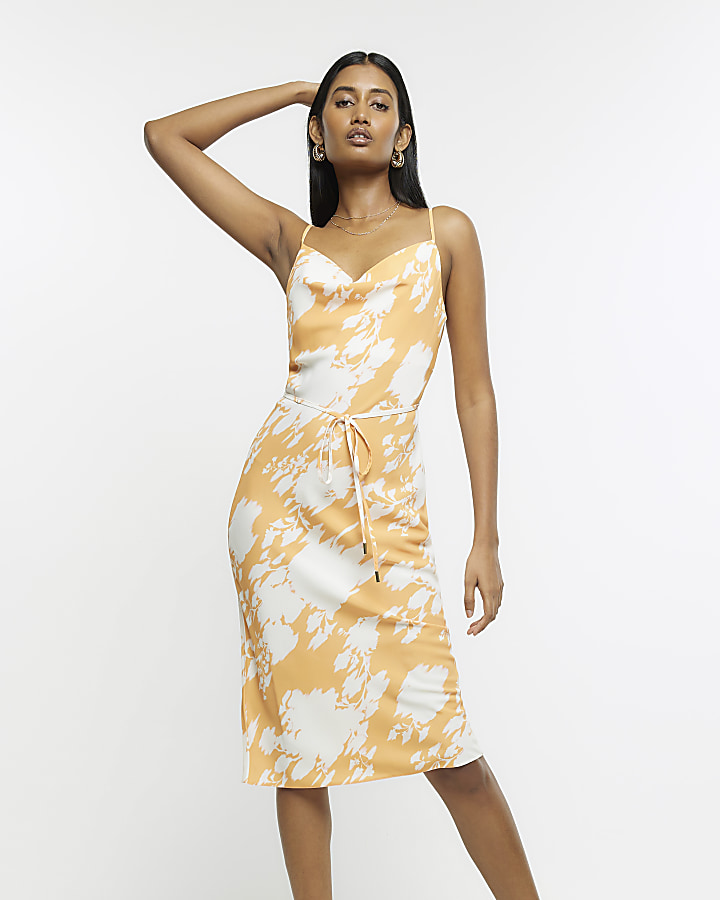 Orange floral cowl neck slip midi dress