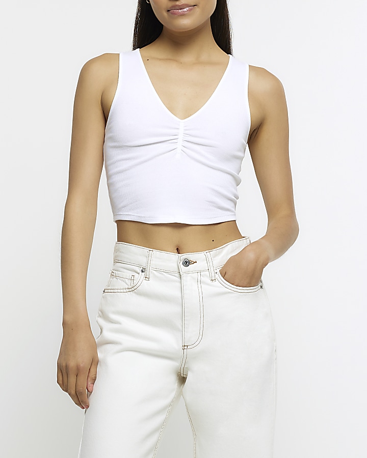 White ruched front crop top