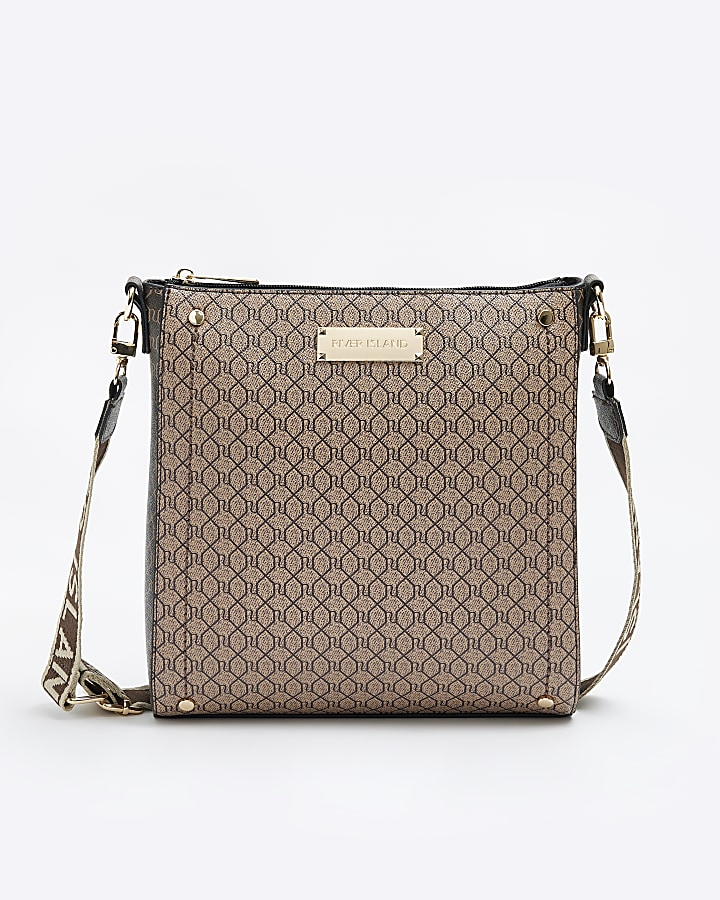 Brown monogram messenger bag | River Island