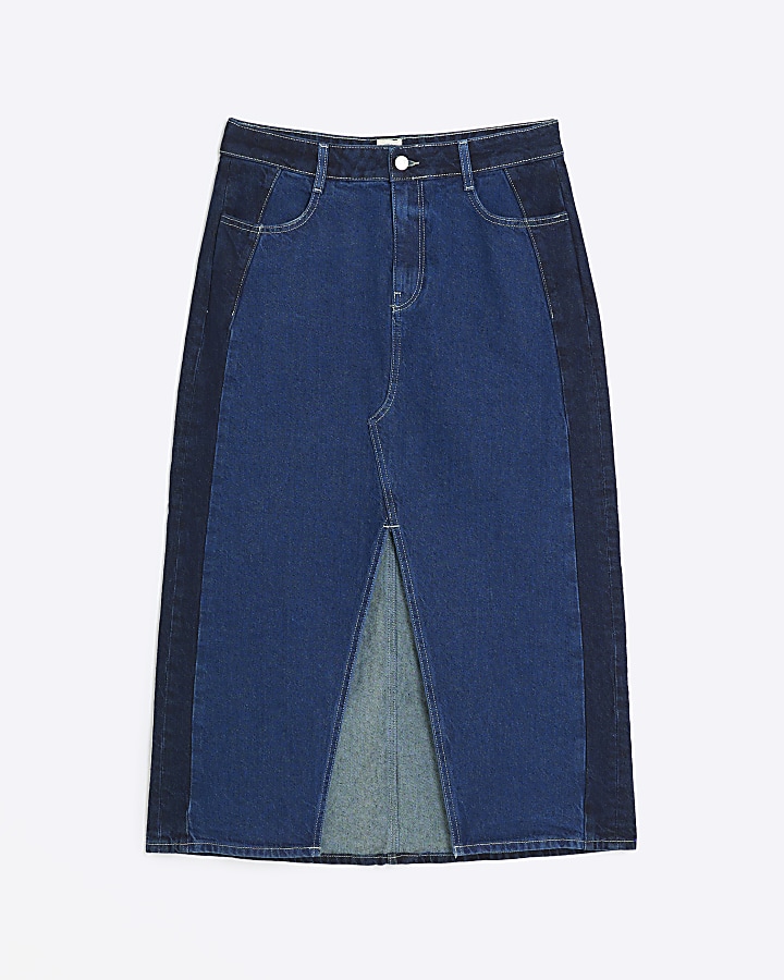 Blue patchwork denim maxi skirt
