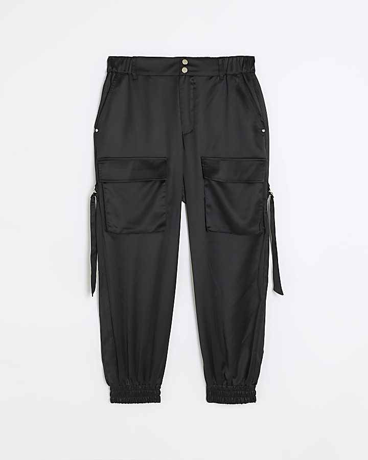 Petite black satin cuffed cargo trousers