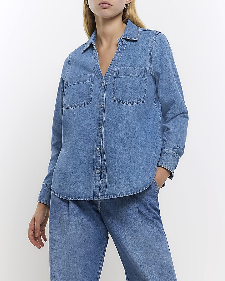 Petite blue long sleeve denim shirt