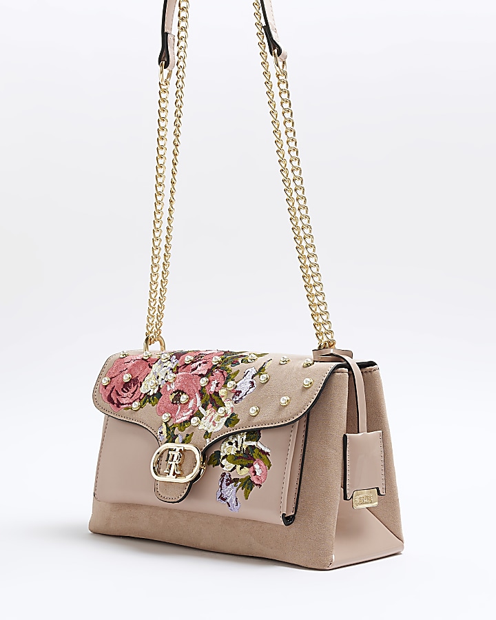 Pink floral embroidered shoulder bag River Island