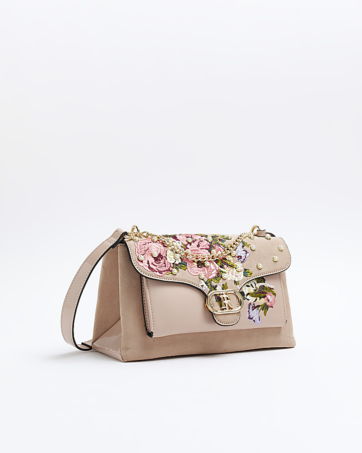 Pink floral embroidered shoulder bag River Island
