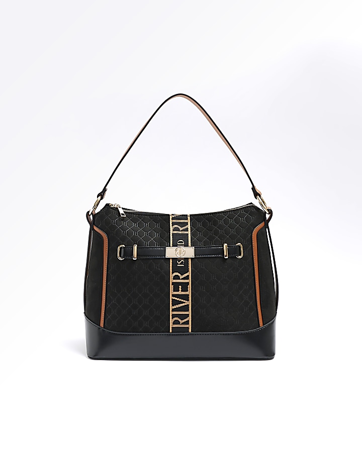 Black RI monogram webbing shoulder bag River Island