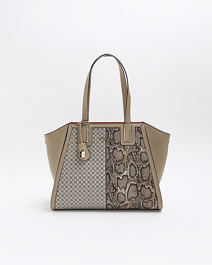 Beige snake print charm tote bag