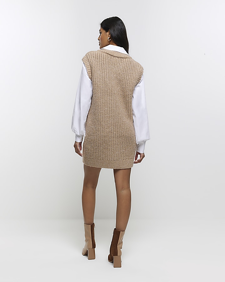 Beige cable knit hybrid jumper mini dress