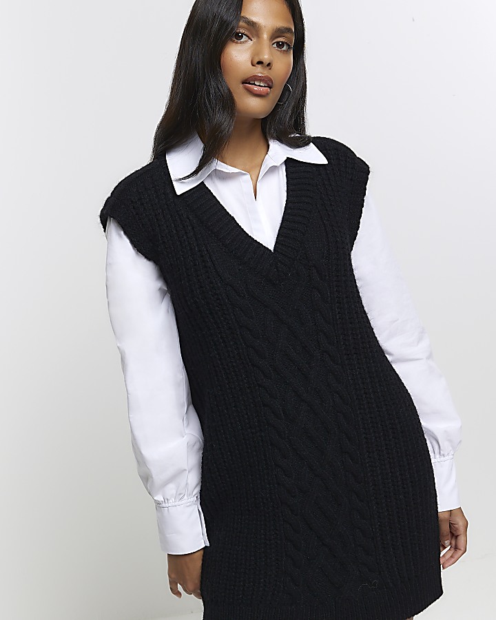 Black cable knit hybrid jumper mini dress