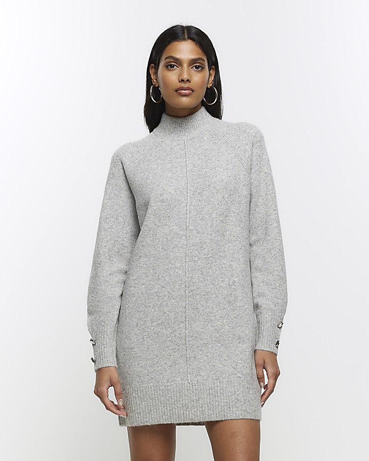 Grey knitted cosy jumper mini dress | River Island