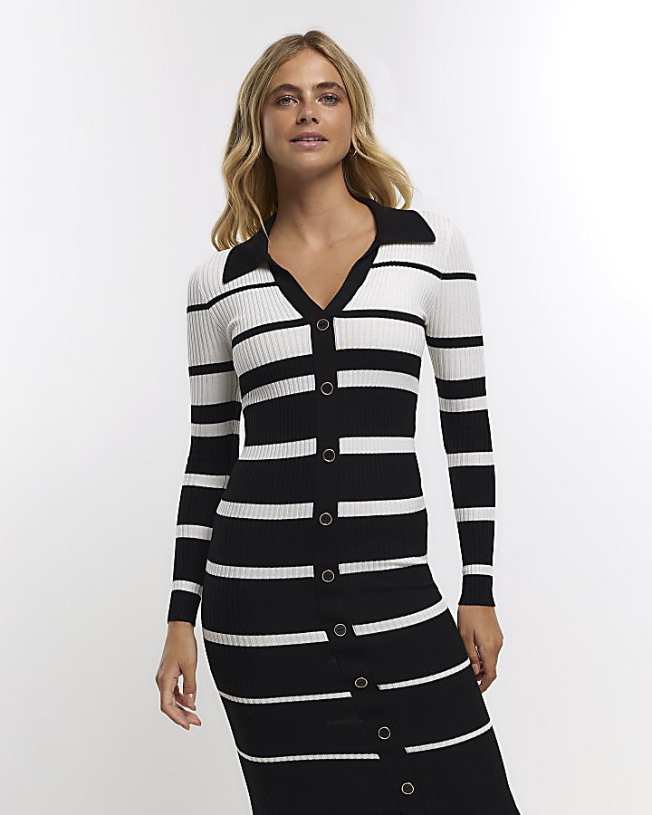 White stripe buttoned up bodycon midi dress