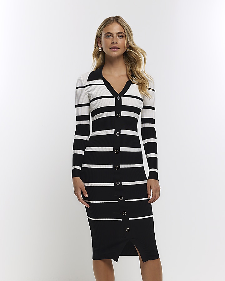 White stripe buttoned up bodycon midi dress