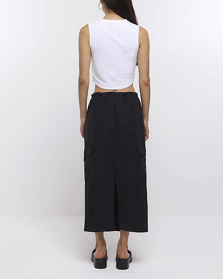 Black low waist parachute maxi skirt