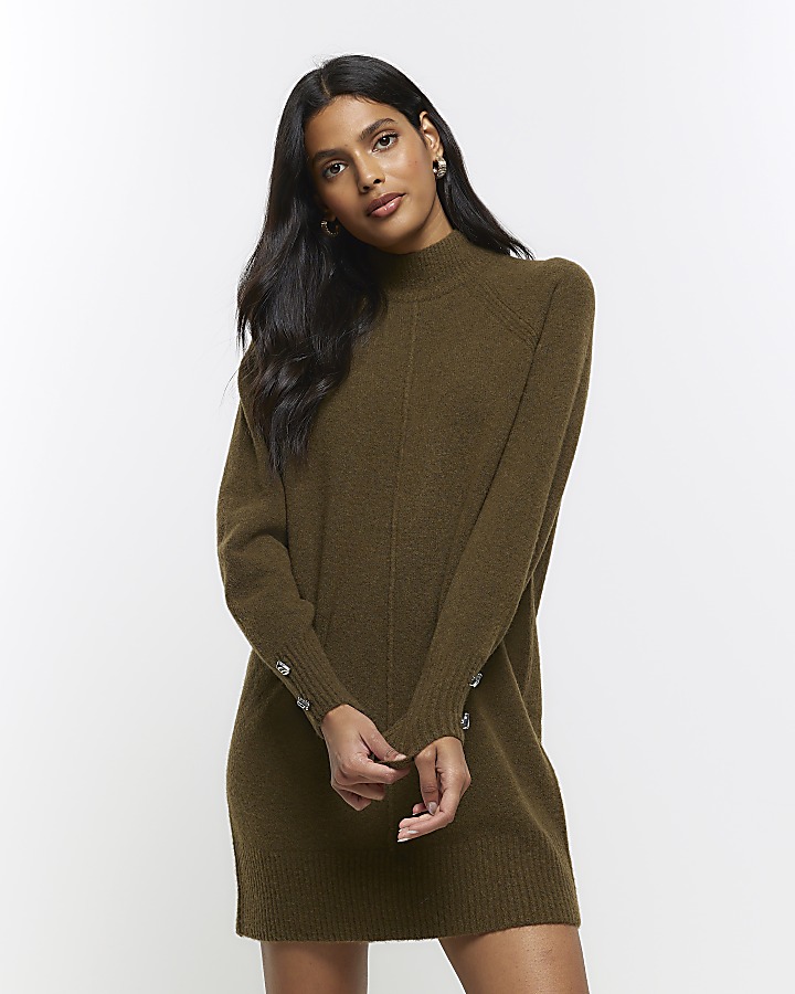 Khaki knitted cosy jumper mini dress River Island