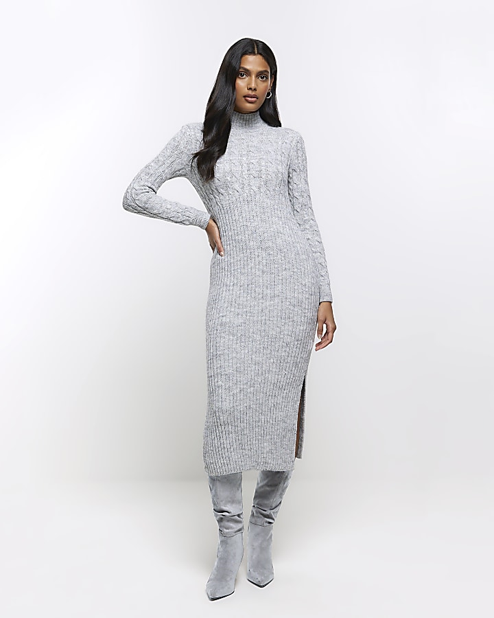 Grey cable knit jumper midi dress