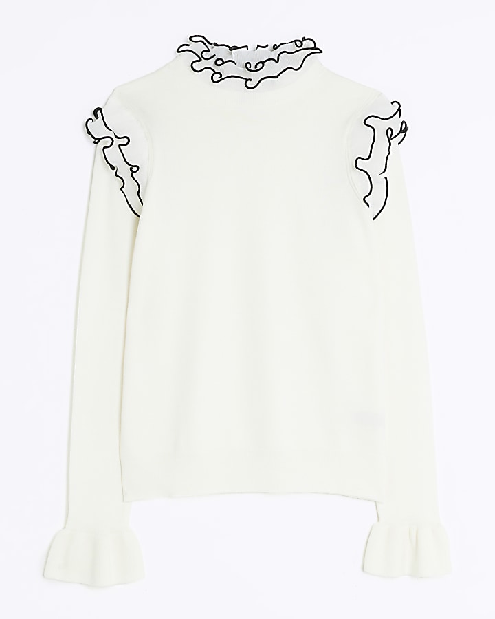 Cream frill detail jumper River Island