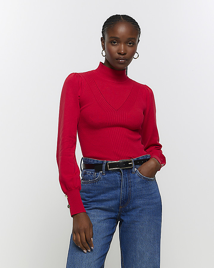 Red rib high neck long sleeve top