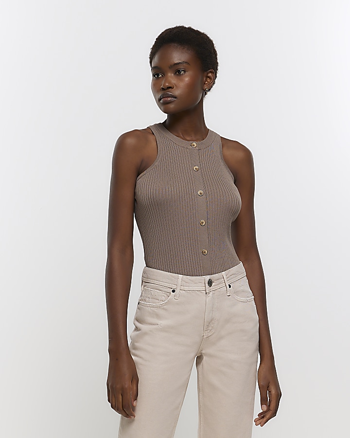 Taupe ribbed button up vest top