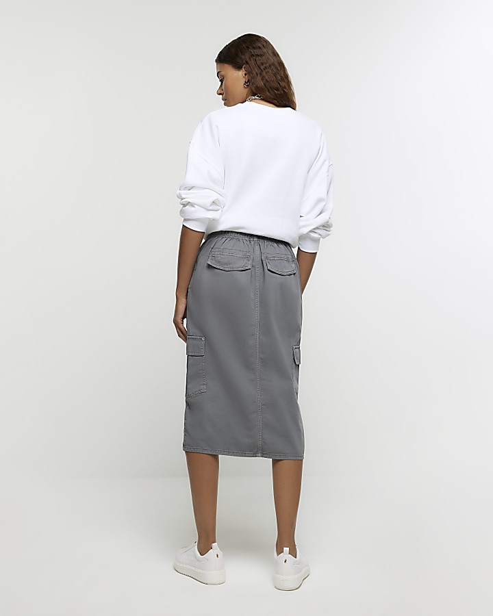 Grey Washed Cargo Midi Denim Skirt