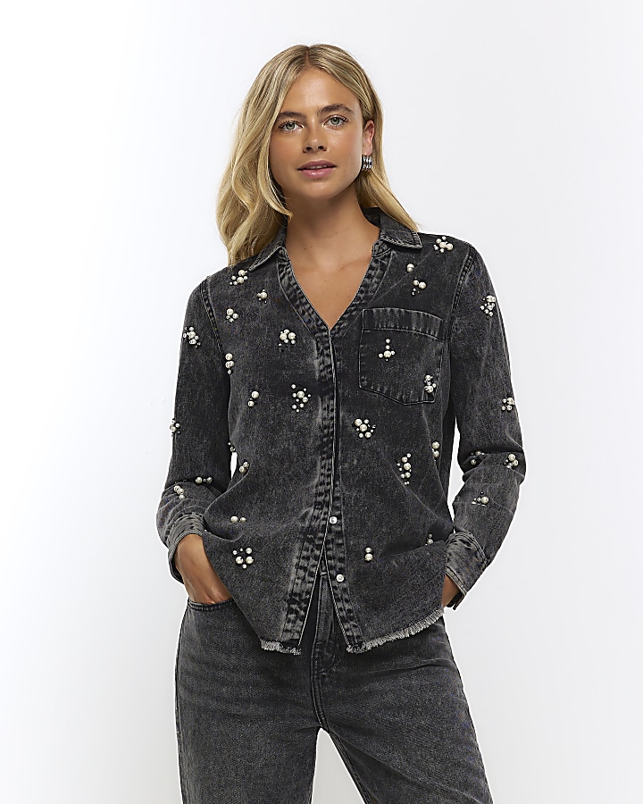 Black denim pearl embellishment shirt