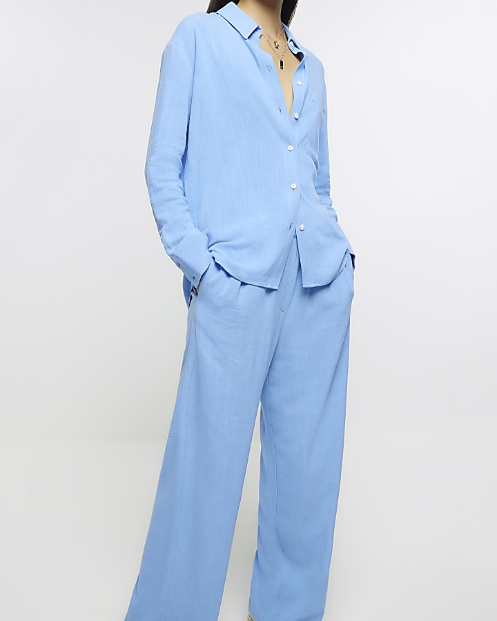 Blue wide leg trousers with linen