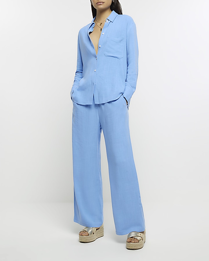 Blue wide leg trousers with linen