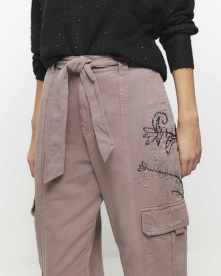 Pink embroidered belted cargo trousers