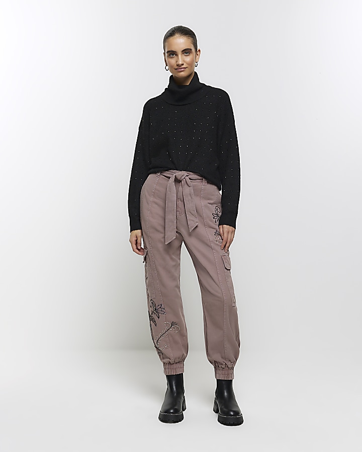 Pink embroidered belted cargo trousers