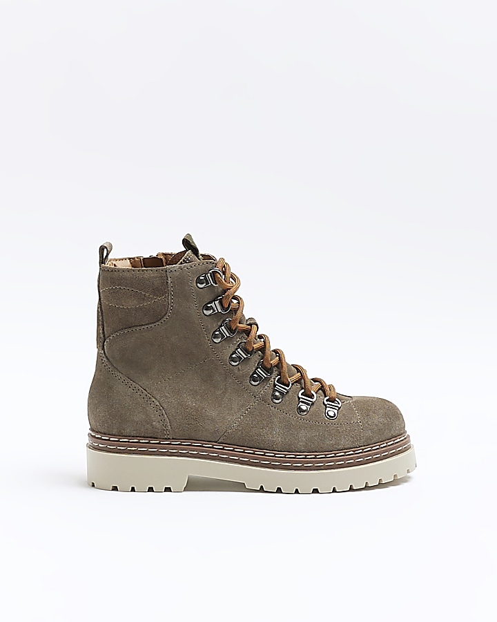 Khaki leather hiker boots | River Island