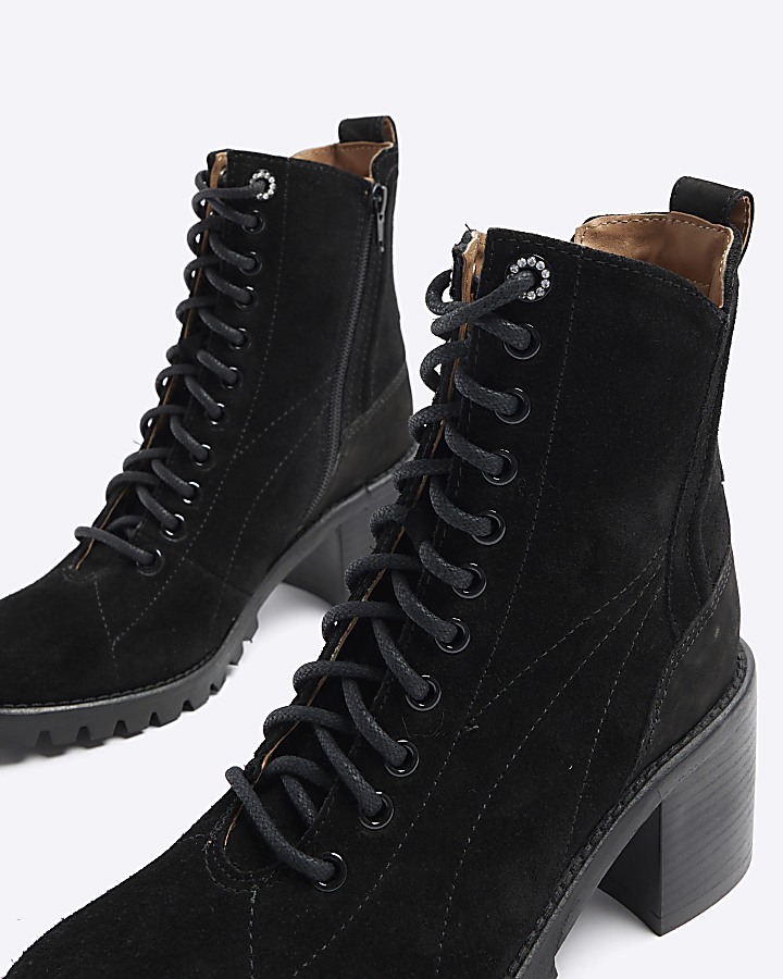 Black suede lace up heeled boots