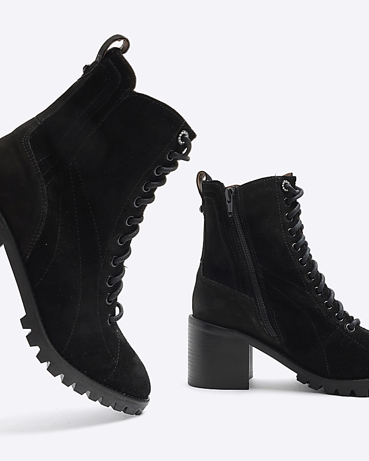 Black suede lace up heeled boots