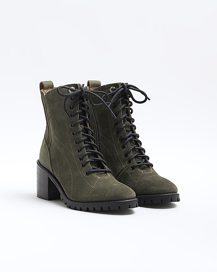 Khaki suede block heeled boots