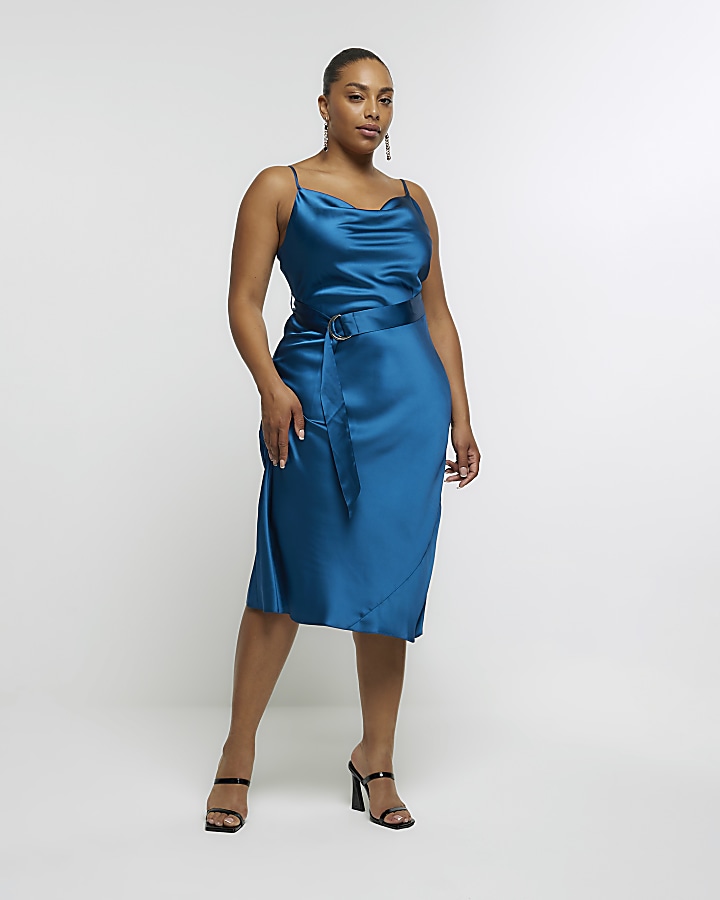 Plus blue satin tie waist slip midi dress