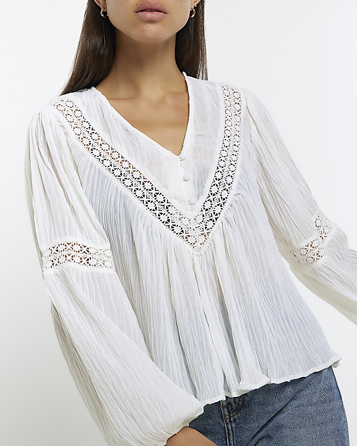 White chiffon lace trim blouse | River Island