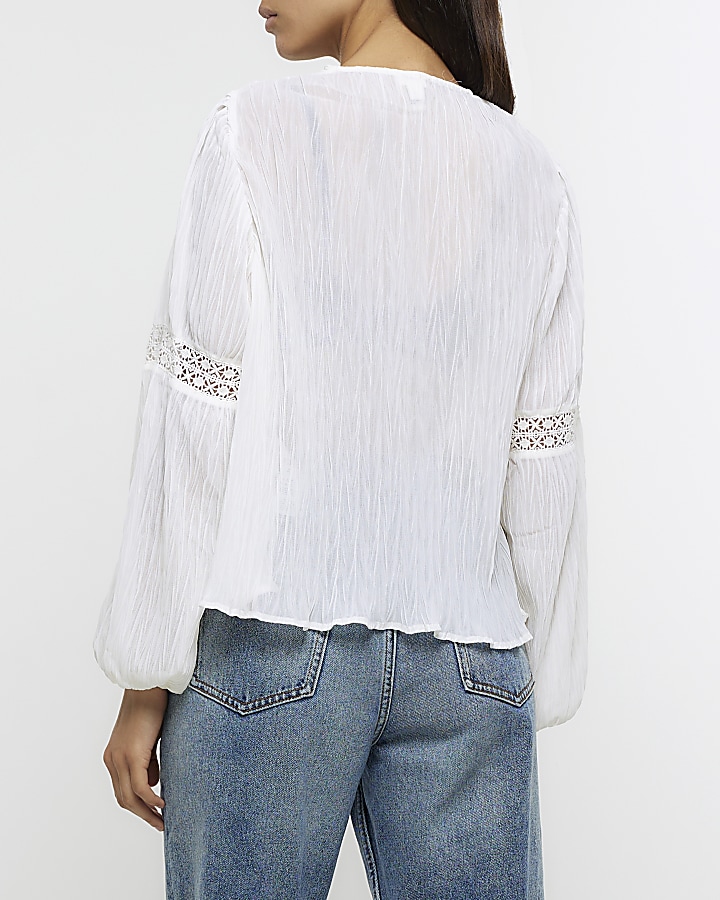 White chiffon lace trim blouse