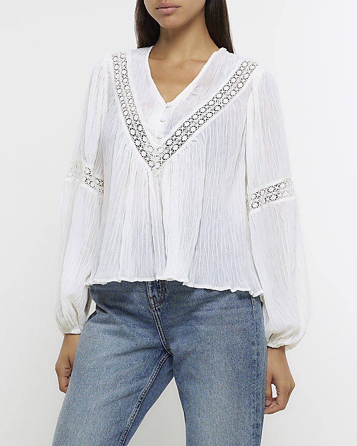 White chiffon lace trim blouse