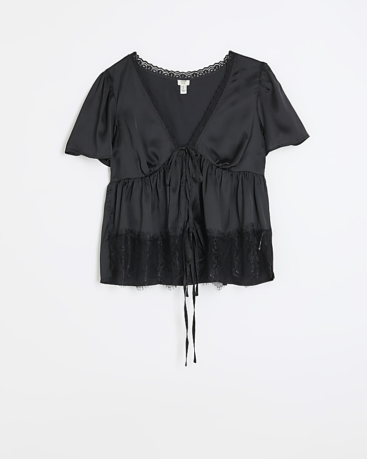 Black satin lace trim blouse