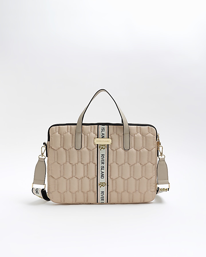 Beige quilted laptop case River Island