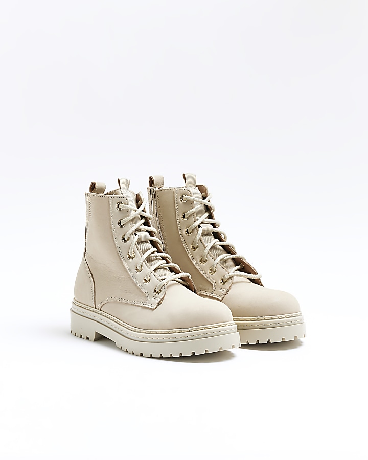 Cream leather lace up boots | River Island