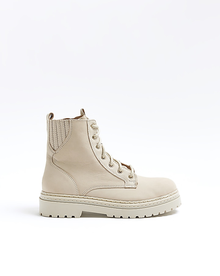 Cream leather lace up boots | River Island