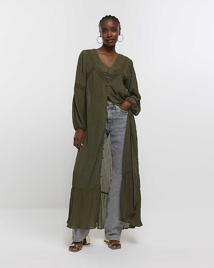 Khaki broderie detail smock maxi dress